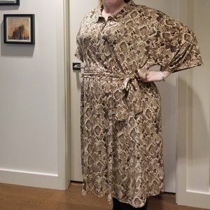 Brown Snake-print Dress with Collar and Tie Waist